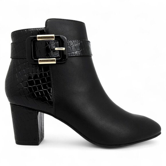 Karen Scott Womens Black Mixed Media Croc Buckle Accent Padded Ivyy Dress Bootie - Picture 2 of 3